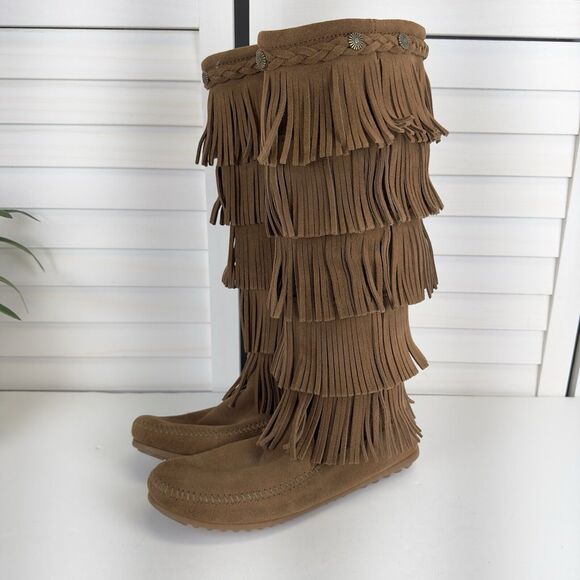 Minnetonka Shoes - Minnetonka Moccasins Brown 5 Layer Fringe Boot Tall Inside Zip Conchos Size 9
